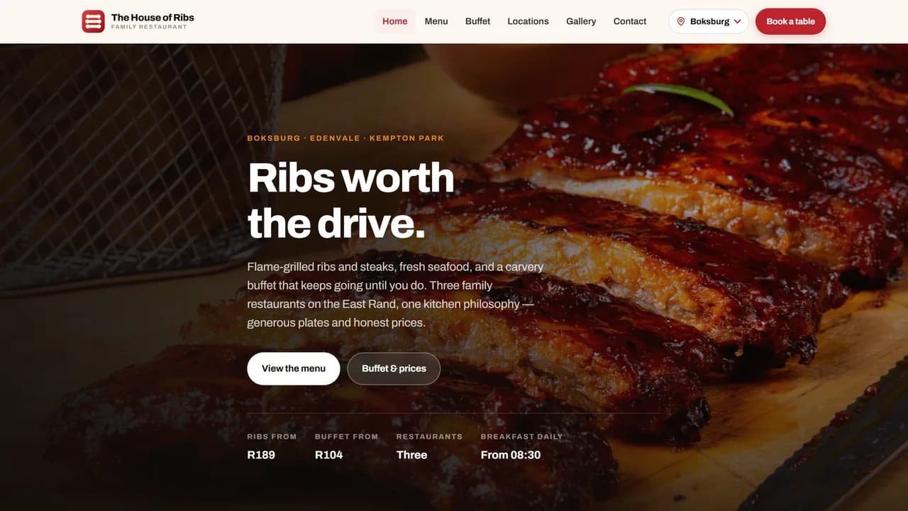 The House of Ribs homepage — a close-up of basted ribs on a board behind the heading “Ribs worth the drive.”