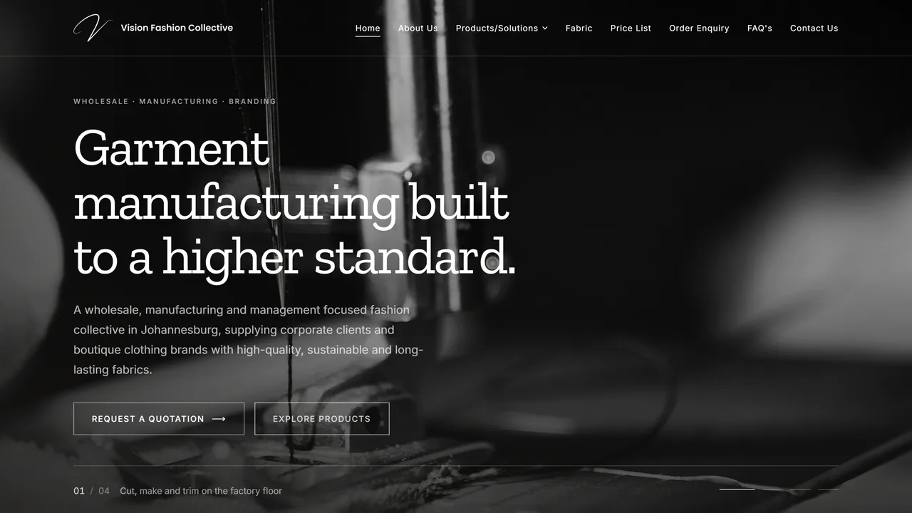 Vision Fashion Collective homepage — a black-and-white photograph of a sewing machine behind the heading “Garment manufacturing built to a higher standard.”